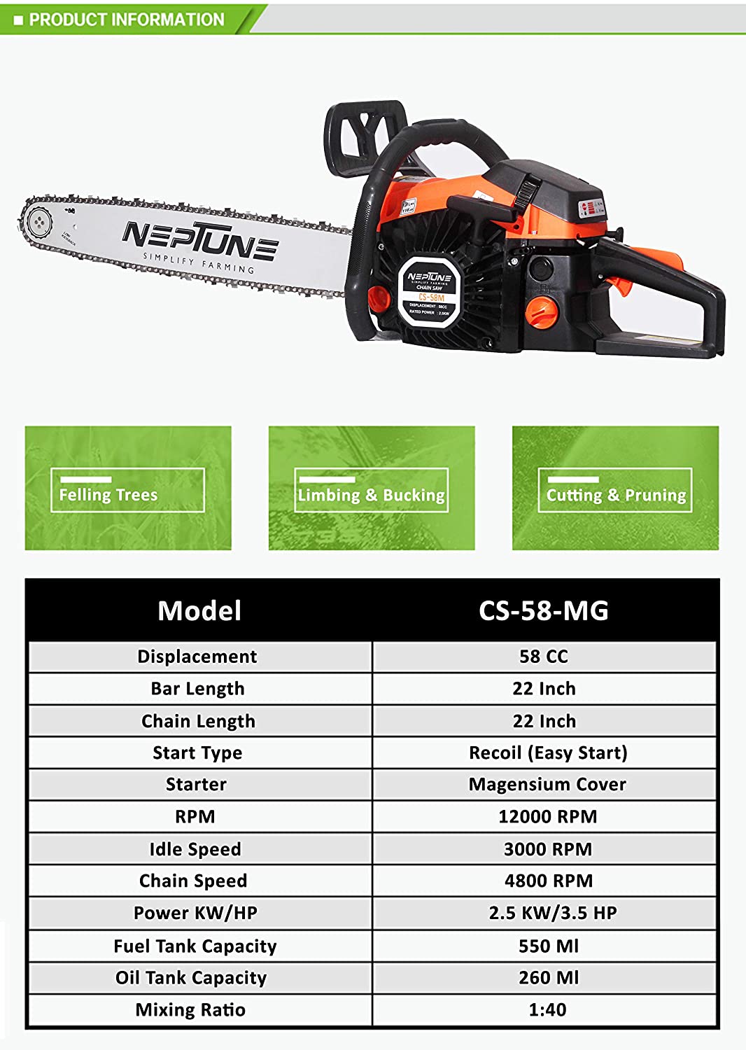 Neptune Simplify Farming Chain Saw With Cutter Bar (22 Inch)