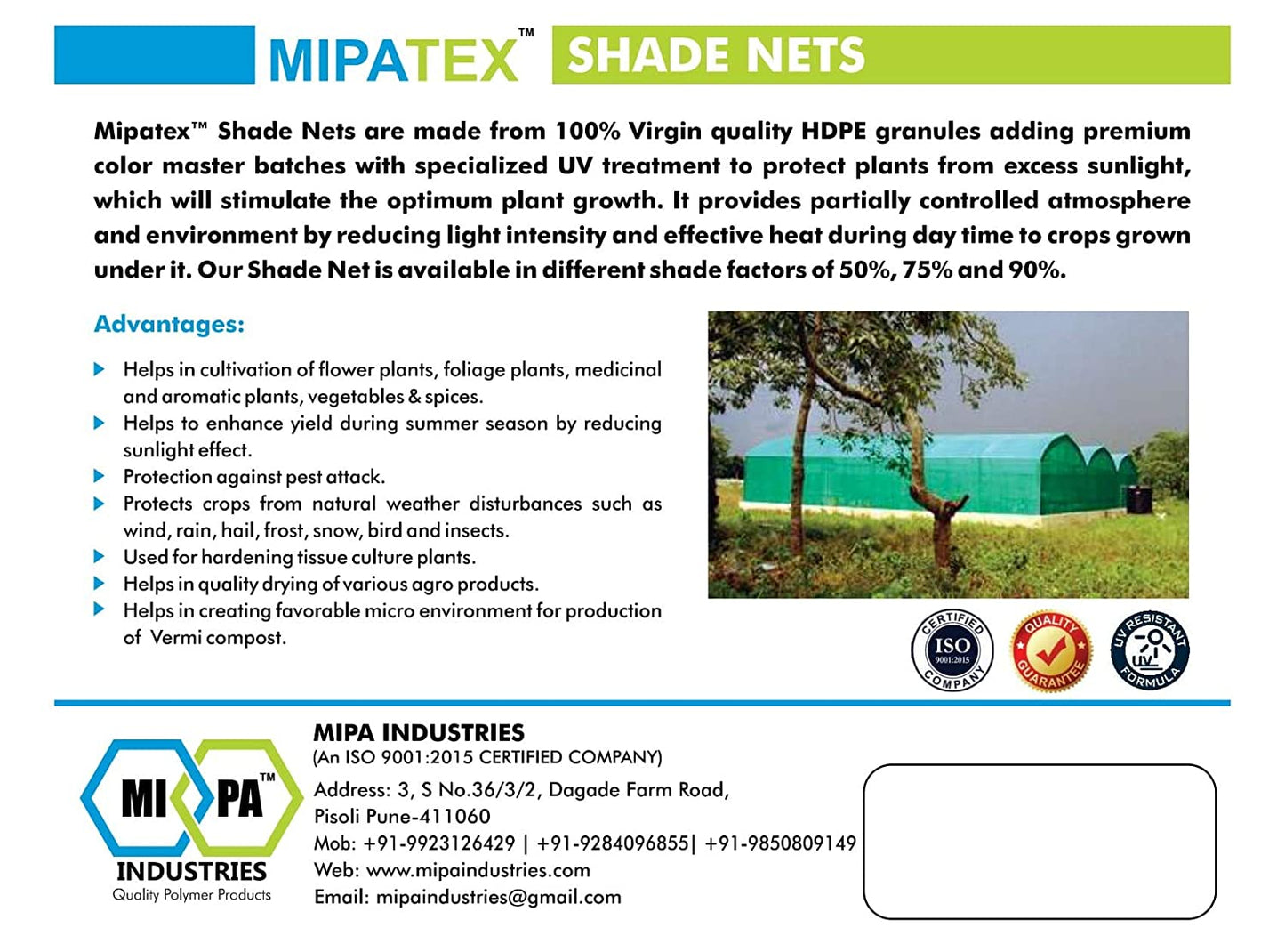 Mipatex Shade Net With Aluminium Eyelets & Rope (50% UV Stablized)