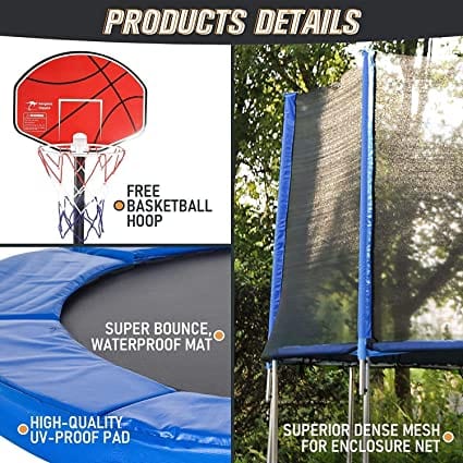 Fitness Guru Trampoline for Kids with Safety Enclosure Net, Basketball Hoop and Ladder (10Ft)