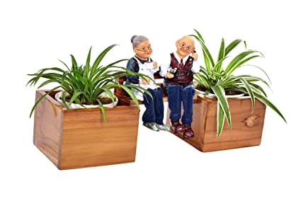 The Weaver's Nest Wooden Bench Decorative Planter with Two Pots & Old Couple Figurines (37x12x12 cm)