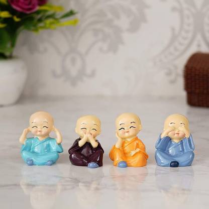 Gardino Set of 4 Baby Monk Buddha Decorative Showpiece - 11 cm (Clay, Multicolor)