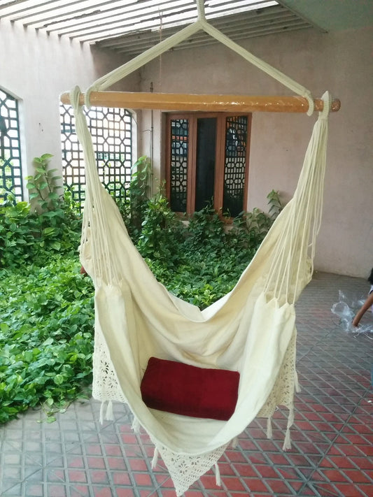 Durable Thick Canvas Swing With Decorative Crochet, Weight Capacity 113 kg- 100W X 130H cm