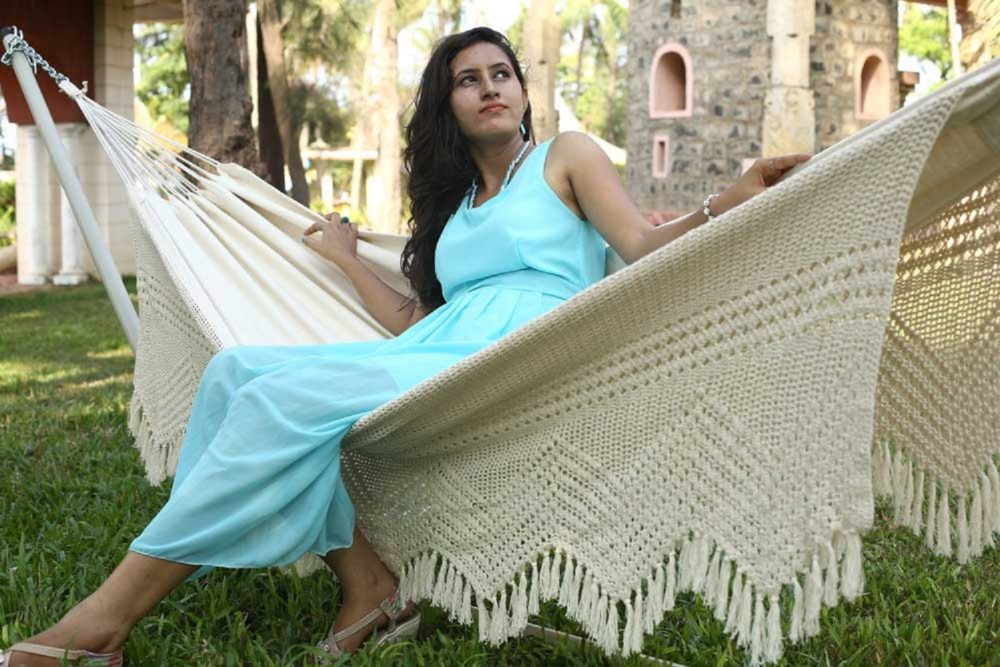 South American Natural Hammock With Decorative Crochet, Weight Capacity 180 kg- 150W X 396L cm