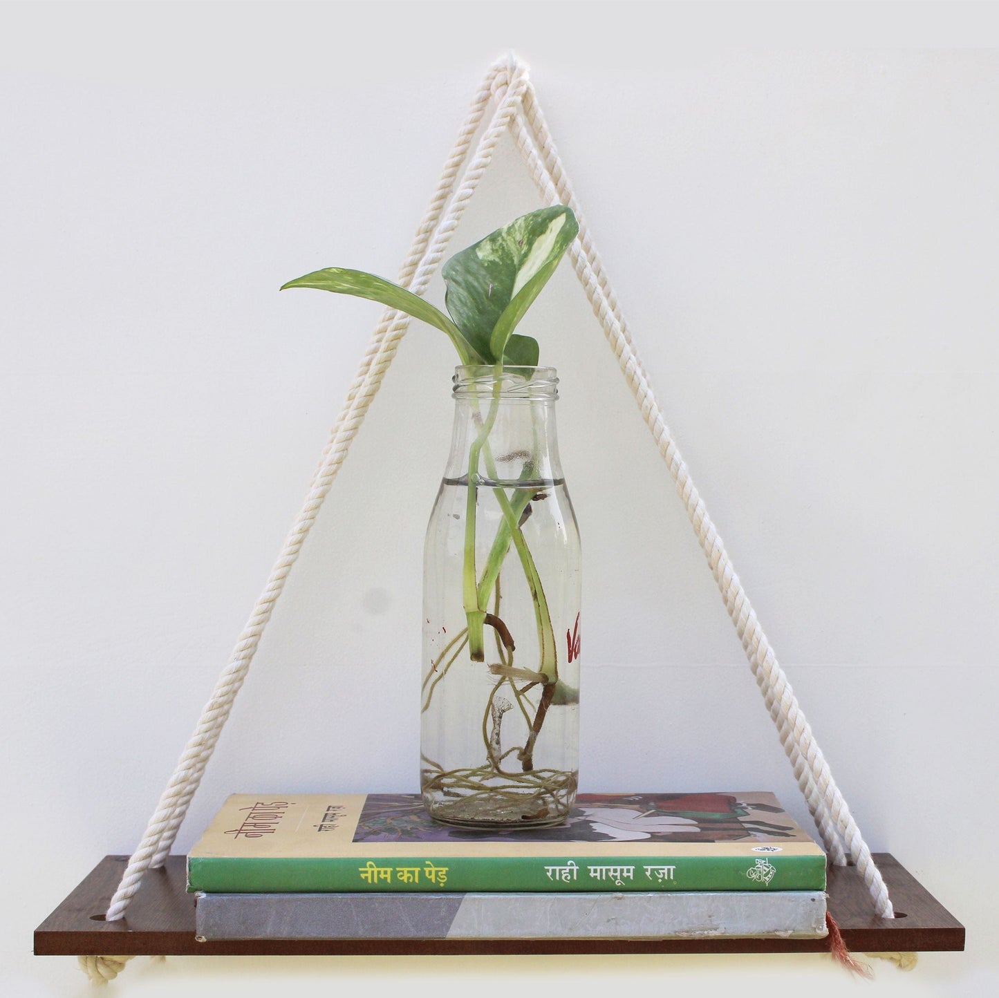 Wooden 1 Layer Wall Shelf With White Jute Rope