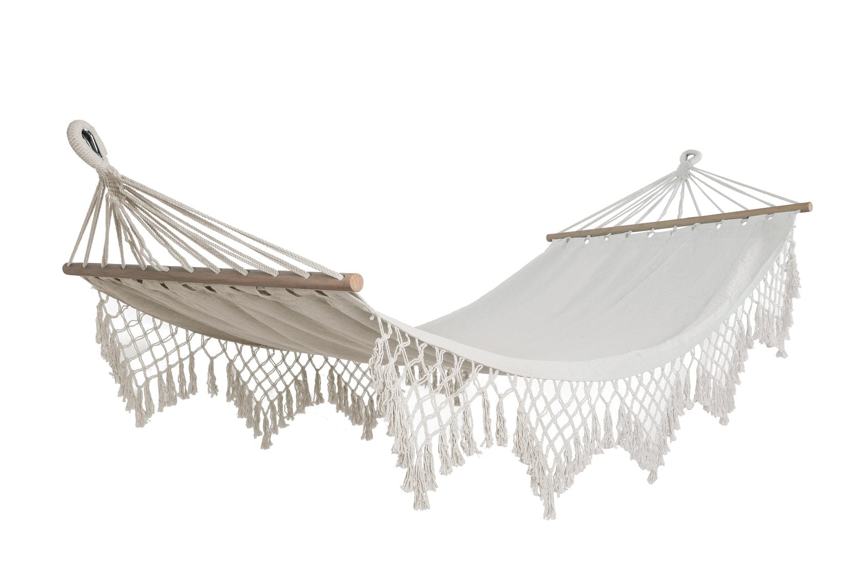 Natural Sling Hammock With Decorative Fringes and Spreader Bars, Weight capacity 115Kg- 90W X 335L cm Long