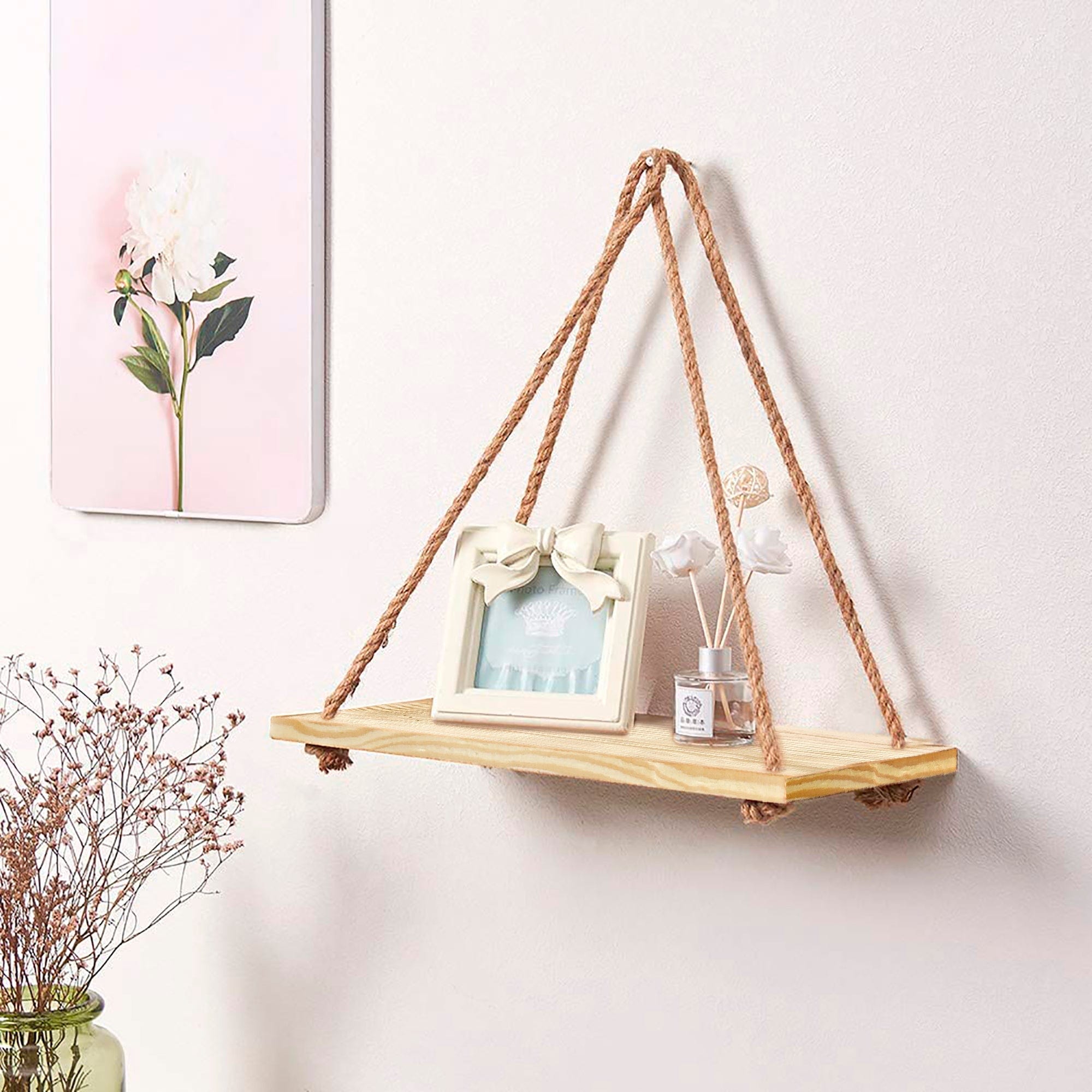 Tier 1 Real Pine Wood Floating Brown Wall Hanging Shelves With Rope