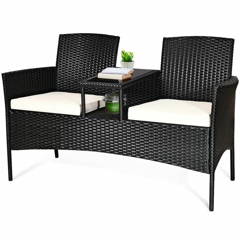 Dreamline Outdoor Furniture Garden Patio Seating Set of 2 Attached Chairs And Table Set (Black)