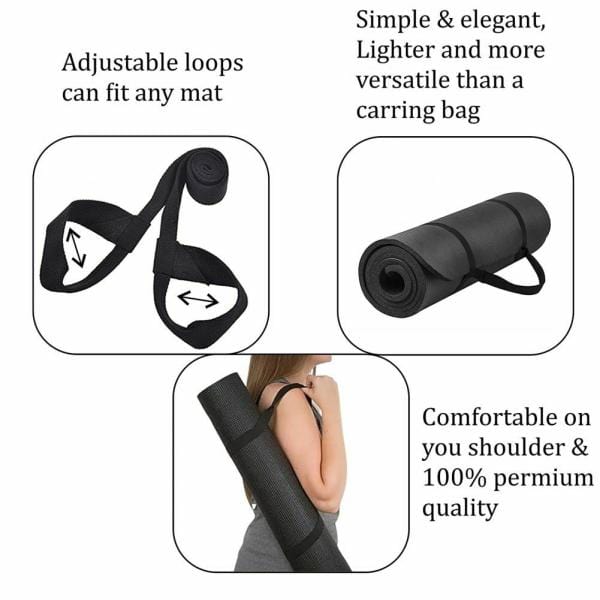 Yoga Mat With Carry Strap (Black) - 6mm