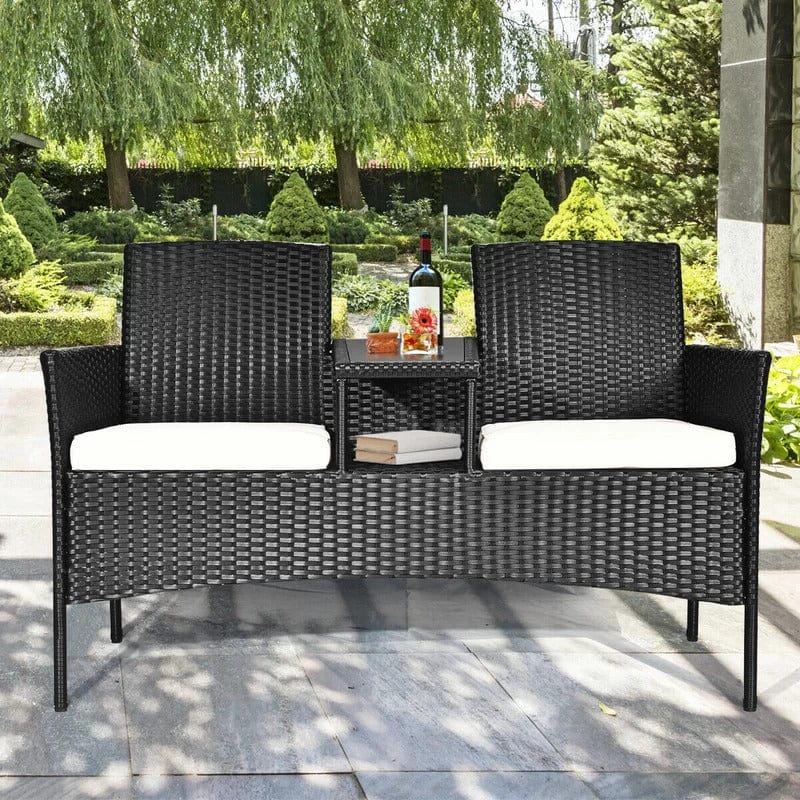 Dreamline Outdoor Furniture Garden Patio Seating Set of 2 Attached Chairs And Table Set (Black)