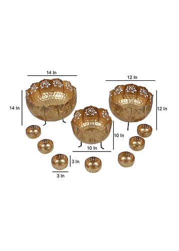 Amaya Decors Set of 10 Big Lotus Urli With Stand & Bowls